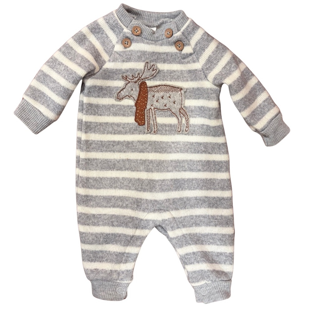 Carter’s Striped Gray and White Moose Newborn One Piece Pajama Winter